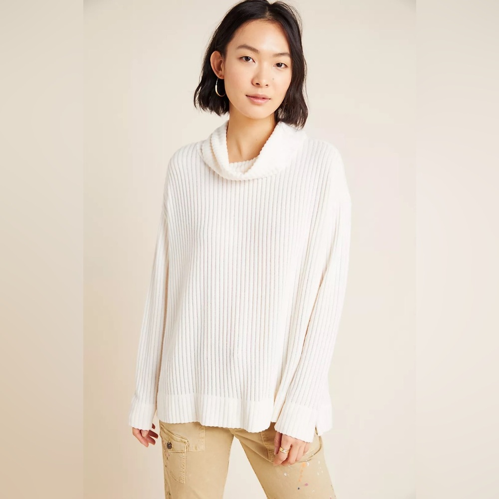 Maeve Anthropologie‎ Ivory Ribbed Cowl Neck Sweater Small